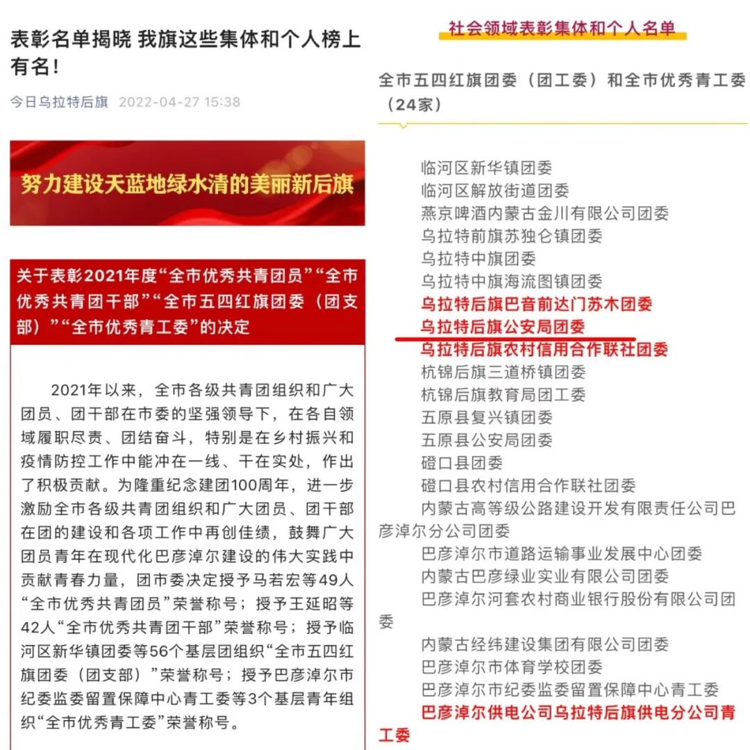 喜报！乌拉特后旗公安局团委被团市委授予“五四红旗团委”荣誉称号