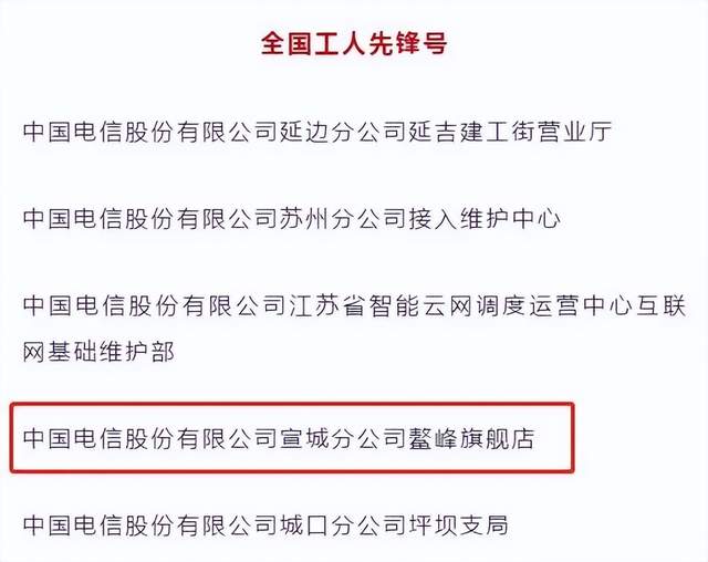 国家级荣誉！中国电信宣城分公司鳌峰旗舰店喜获“全国工人先锋号”！