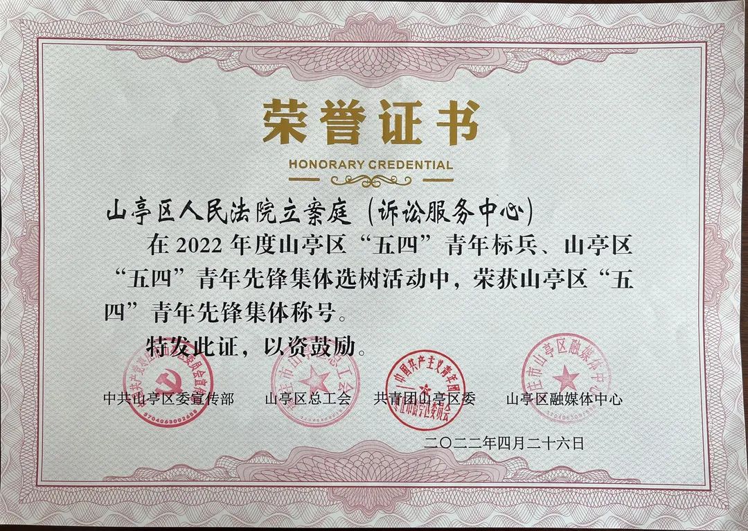 山亭区人民法院立案庭（诉讼服务中心）荣获“五四”青年先锋集体称号