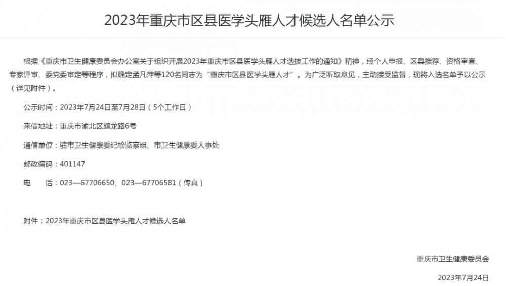 祝贺！重庆两江新区人民医院三位专家荣获“重庆市区县医学头雁人才”称号