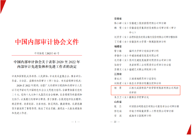 点赞！大成国资集团1人荣获全国内部审计领域的最高荣誉